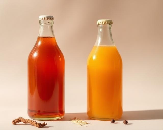 Amber kombucha and golden kvass in glass bottles