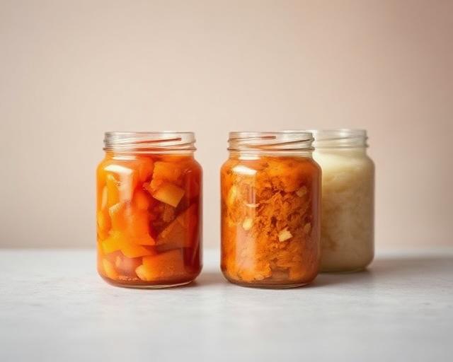 Traditional kimchi and sauerkraut fermentation in glass jars