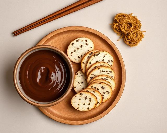 Miso paste in ceramic bowl with sliced tempeh on wooden plate