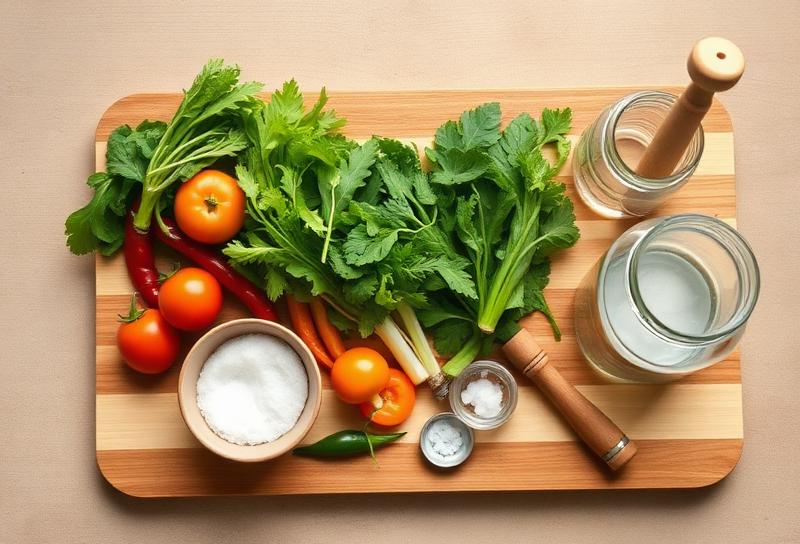 Fresh vegetables, sea salt, and glass jars for fermentation preparation on wooden cutting board
