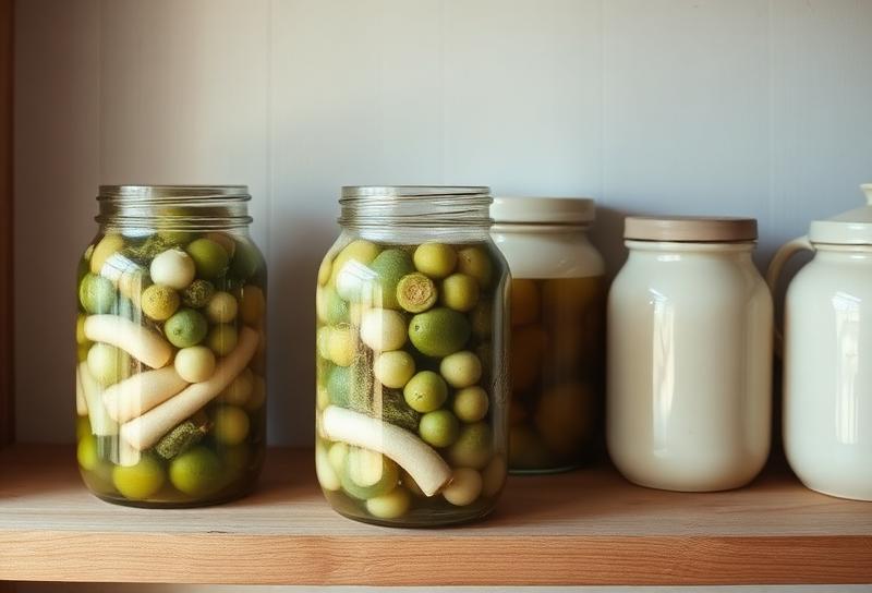 Glass fermentation jars and ceramic crocks with fermenting vegetables on wooden shelf