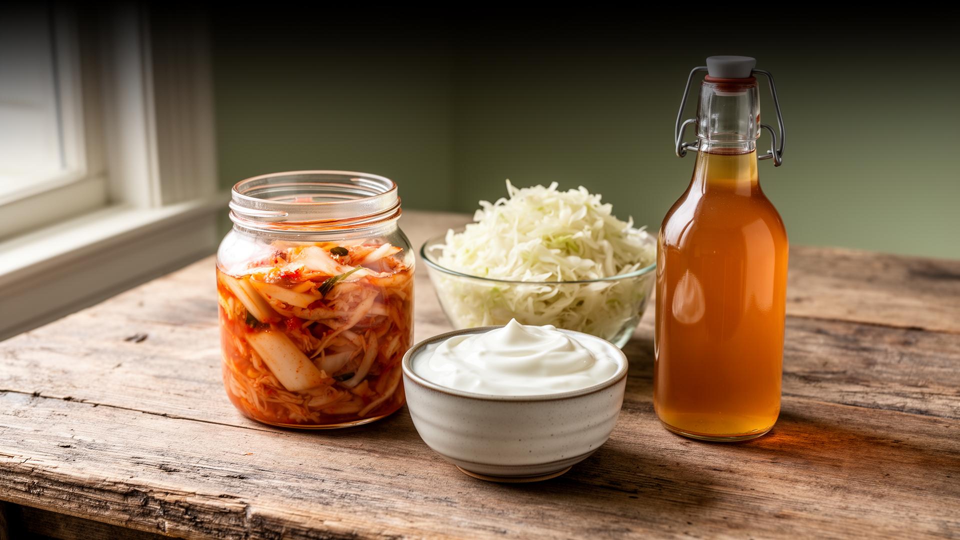 Assortment of fermented foods including kimchi, sauerkraut, yogurt, and kombucha on rustic wooden table