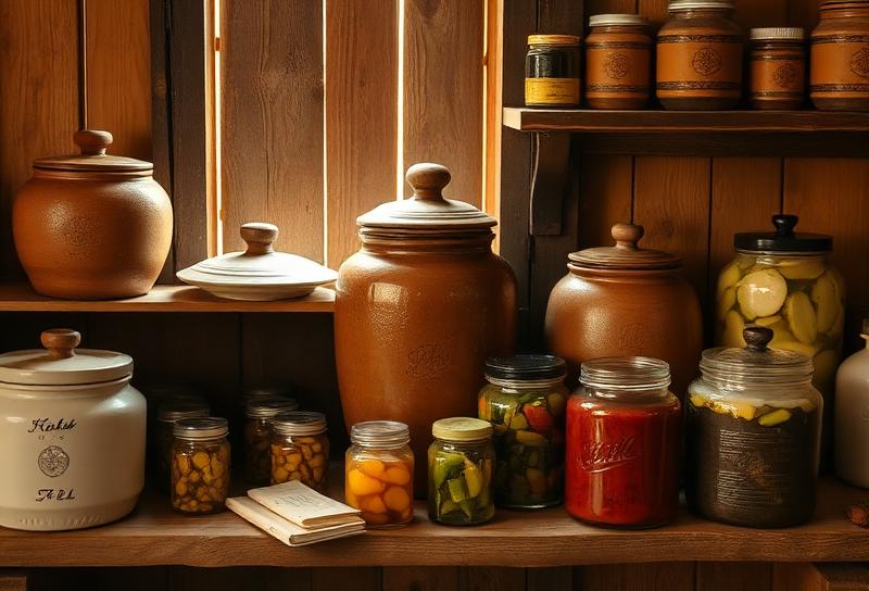 Traditional kitchen with fermentation crocks and jars on rustic wooden shelves